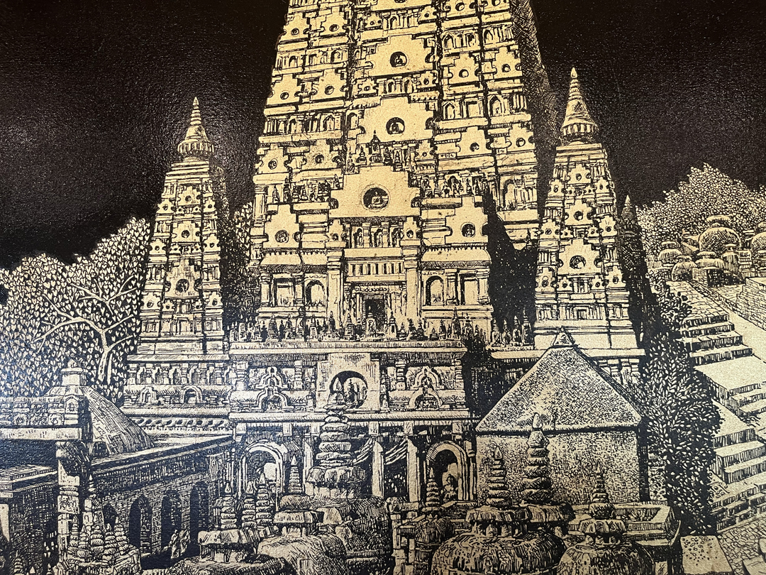 Black and gold painting of Buddhist temples by Sitt Nyein Aye.
