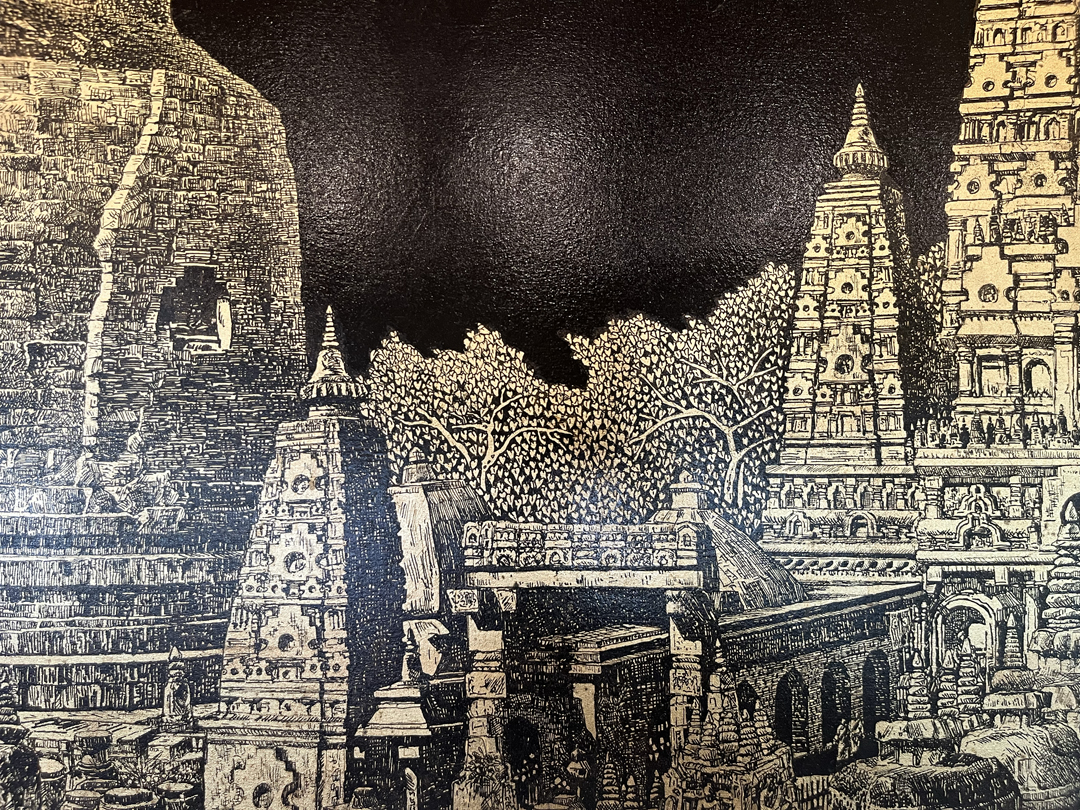 Black and gold painting by a Burmese exile artist.