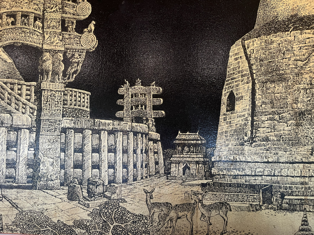 Black and gold painting of Indian Buddhist monasteries by Sitt Nyein Aye.