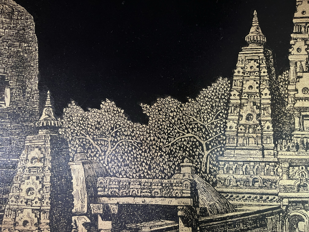 Black and gold painting by Sitt Nyein Aye at a Burmese Buddhist monastery in Austin, Texas.