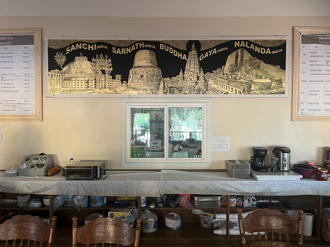 Black and gold painting by Sitt Nyein Aye, in situ at the Sitagu Buddha Vihara dining hall in Austin, Texas.