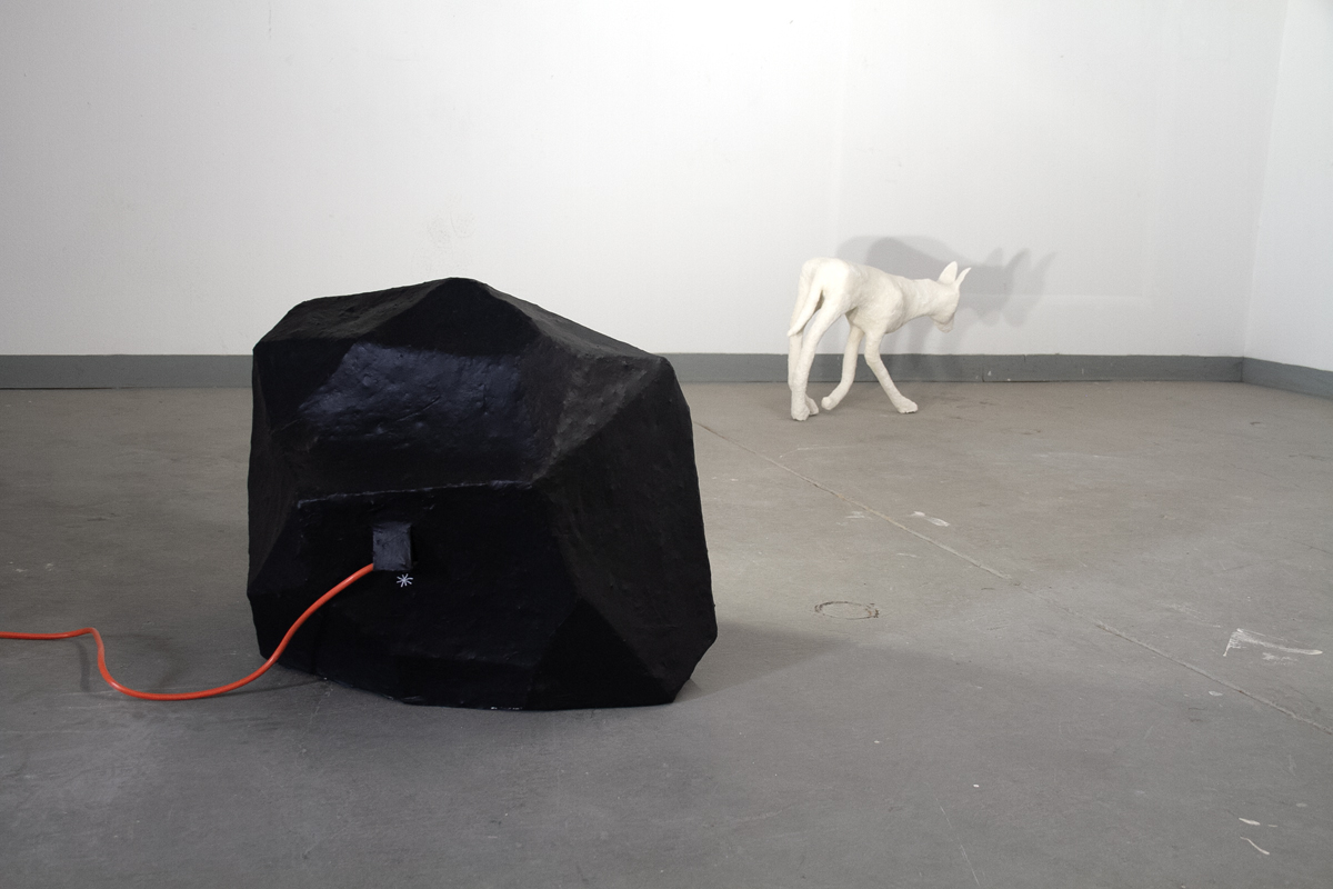 Photo of installation artwork of a papier-mâché coyote in front of a salvaged headline. By Albuquerque-based artist Justine Kablack.