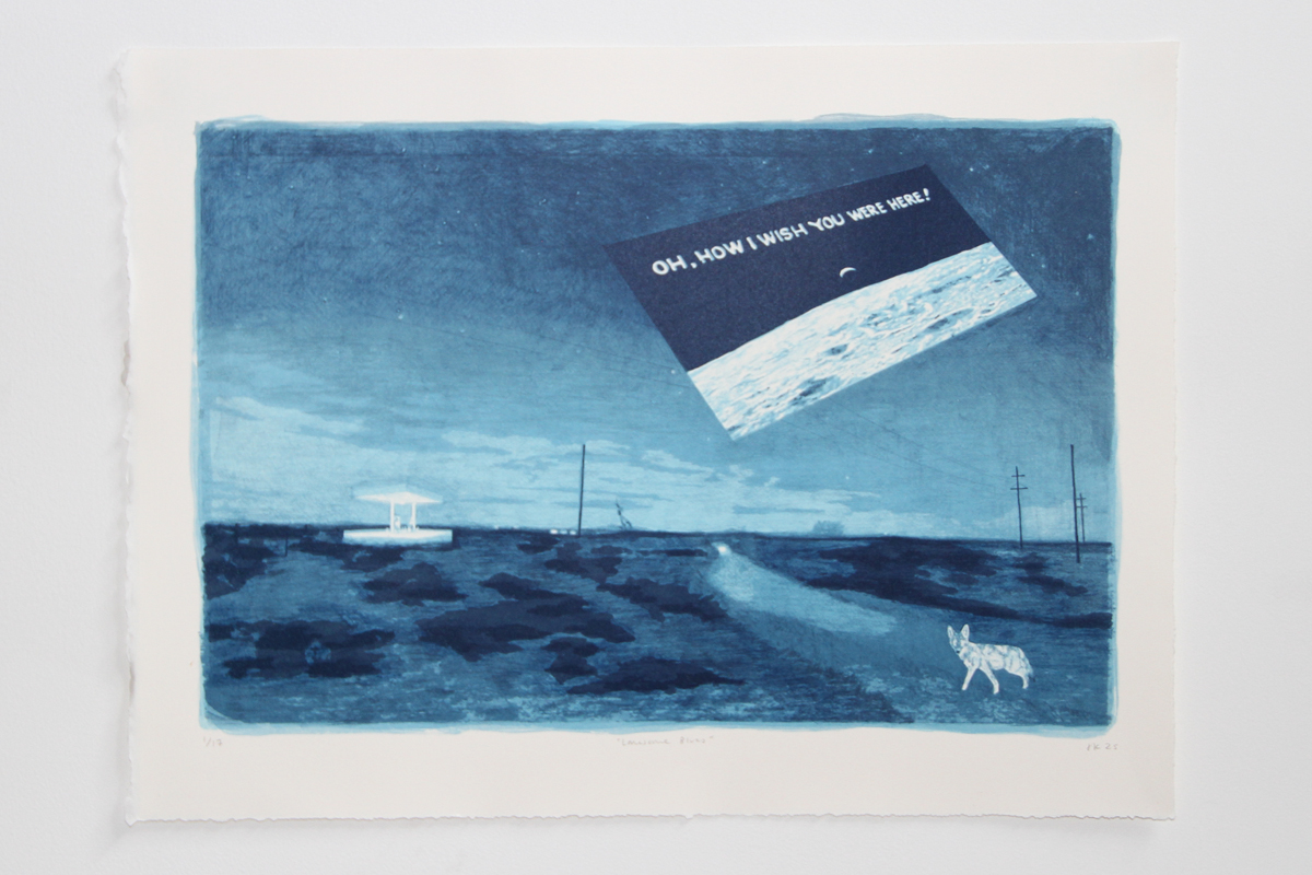 Blue lithograph print showing a desert landscape with a coyote and a card floating in the sky saying "Oh, how I wish you were here!". By Albuquerque-based artist Justine Kablack.