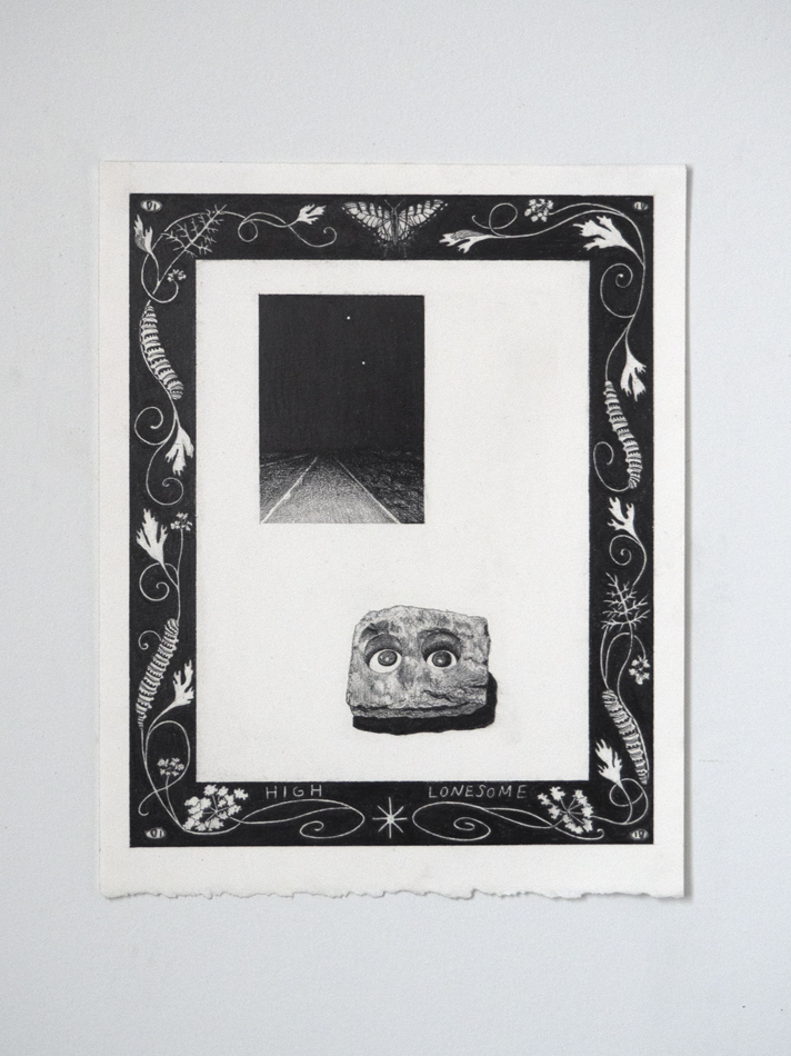 Graphite artwork of a dark road and rock with googly eyes surrounded by a border with foliage illustrations and the words "high" and "lonesome". By Albuquerque-based artist Justine Kablack.
