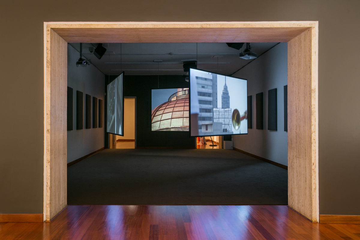 Installation view of a multi-channel video installation by Erick Meyenberg, curated by Gabriela Rangel.