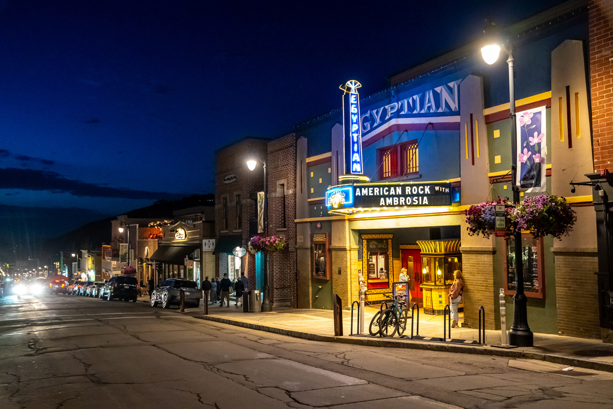 Night scene of the historic Egyptian Theatre, part of the ultimate Park City Art Guide.