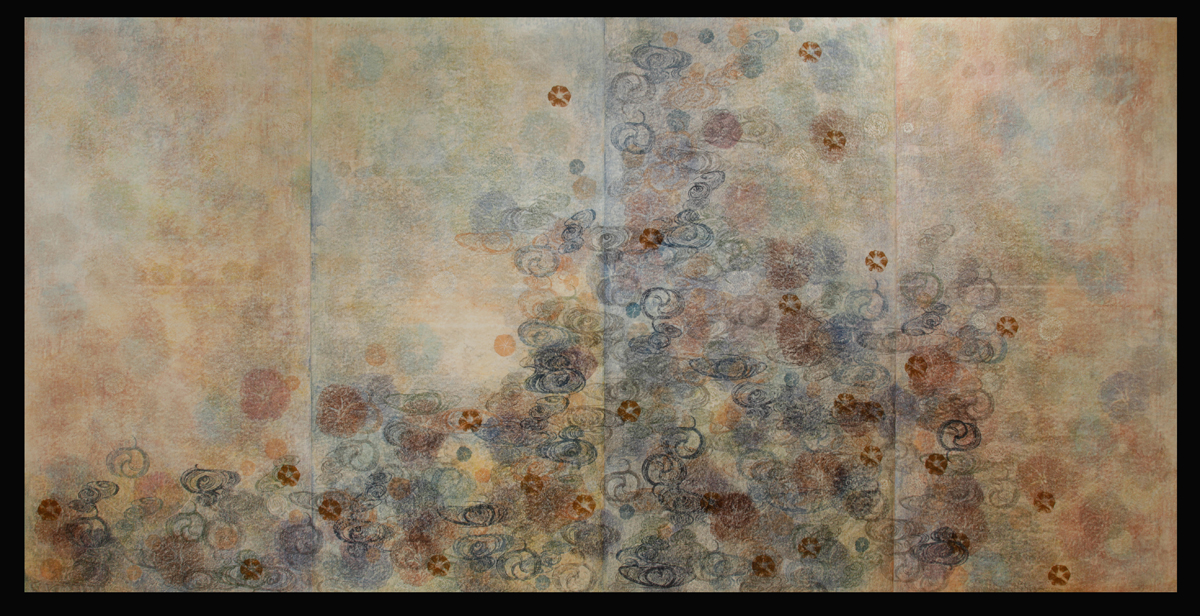 Swirling, multilayered, abstract print by Yoshiko Shimano, part of Abstracting Nature at Albuquerque Museum.
