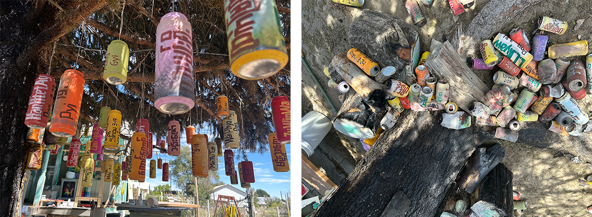 Art installation by Sitt Nyein Aye: a spruce tree strung with painted cans memorializing Burmese artists and activists.