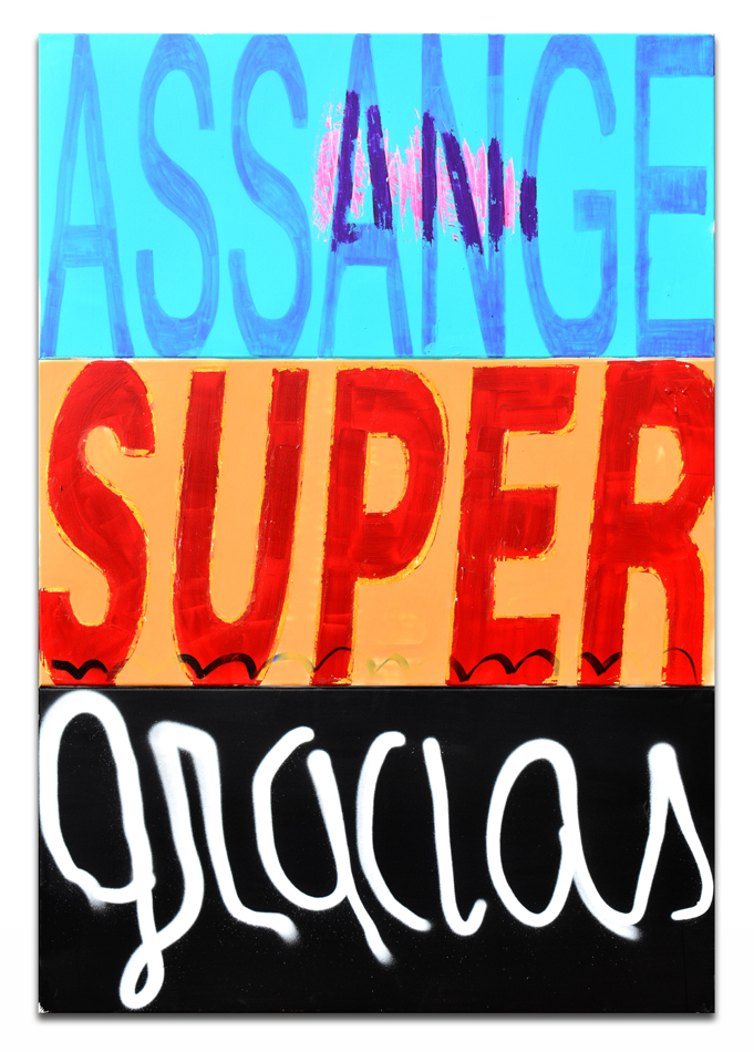 Painting that reads Assange Super Gracias by Cande Aguilar.