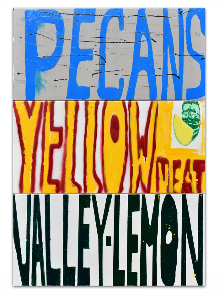 Painting by Cande Aguilar that reads Pecans Yellow Valley-Lemon.