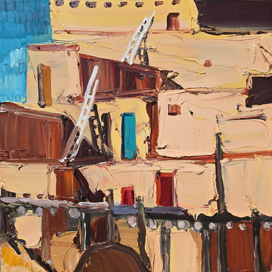 Painting of Acoma Pueblo's stacked architectural structure by Mateo Romero.