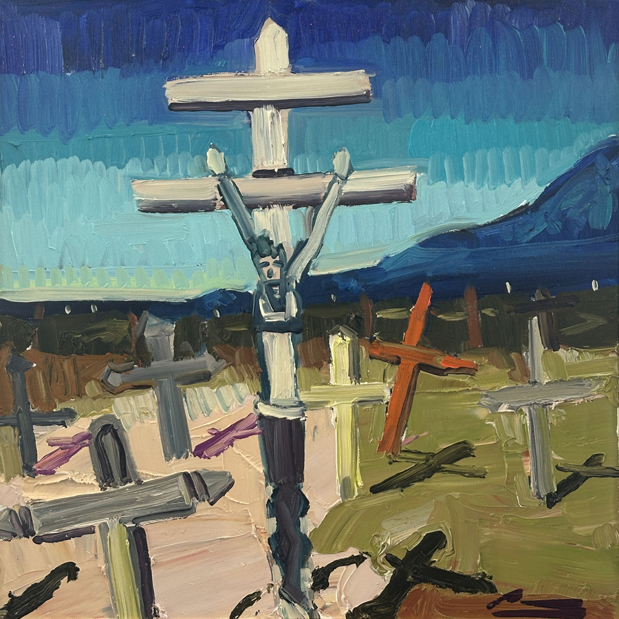 Painting by Mateo Romero of a graveyard.