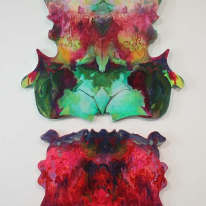 An abstract diptych on shaped wood panels, representing EEG neurofeedback.