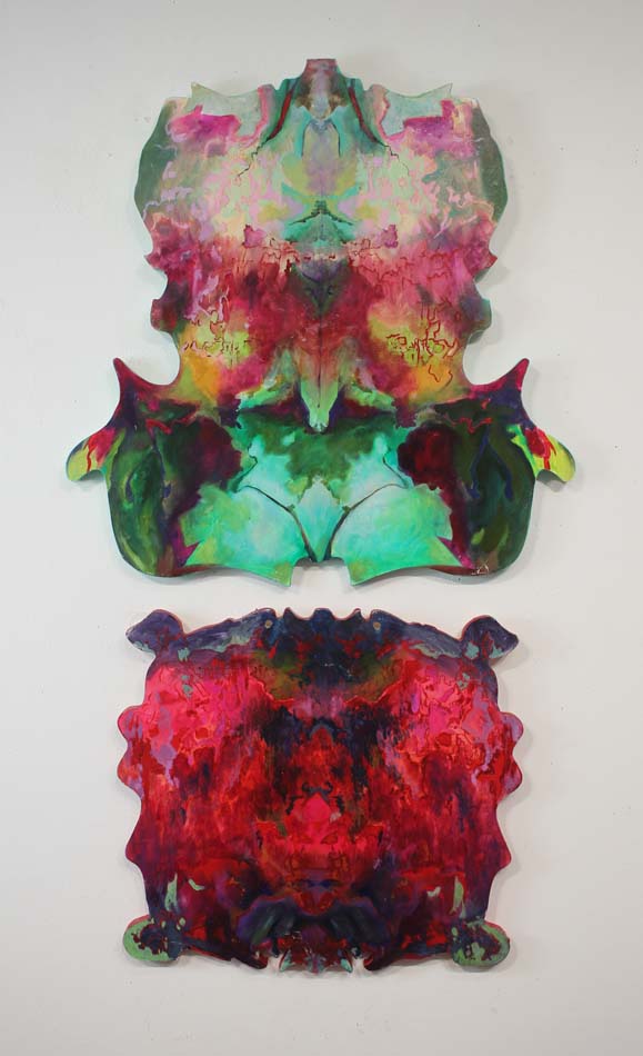 An abstract diptych on shaped wood panels, representing EEG neurofeedback.