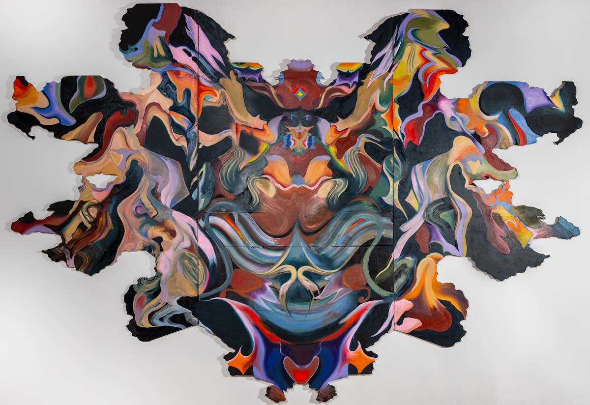 Symmetrical, abstract composition on shaped canvas by Alicia Parham.