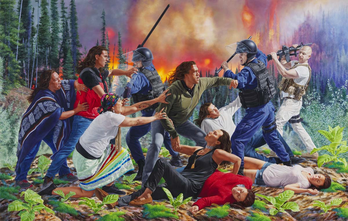 History painting by Kent Monkman depicting Indigenous people fighting with police with wildfires raging in the background.