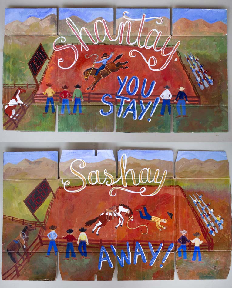 Diptych of a rodeo grounds with a rider on a bucking bronco, with cursive text on the top panel reading "Shantay you stay," and on the bottom, "Sashay away."