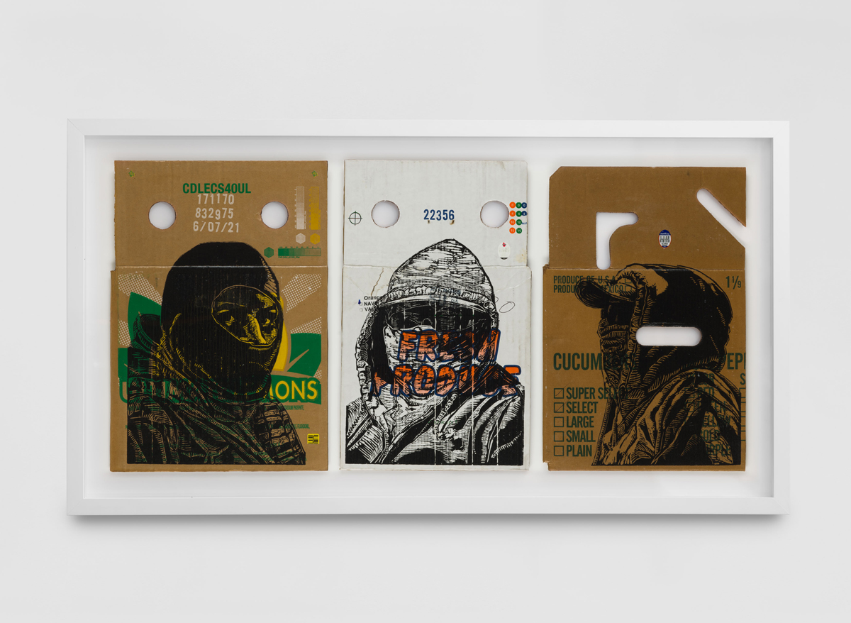 Three portraits on recycled produce boxes by artist Narsiso Martinez.