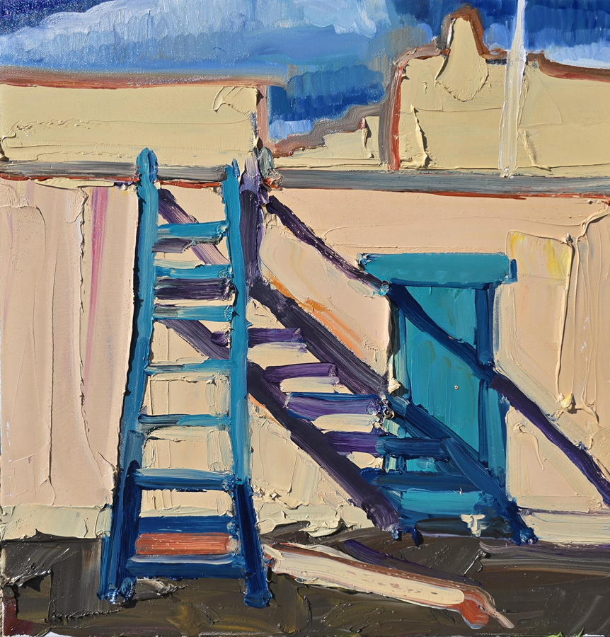 Painting by Mateo Romero of a ladder leaning against an adobe wall in Santa Fe.