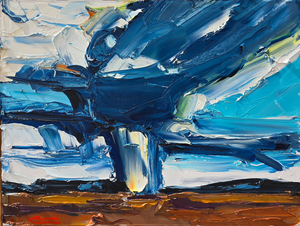 Painting by Mateo Romero of a cloudburst above a New Mexico landscape.