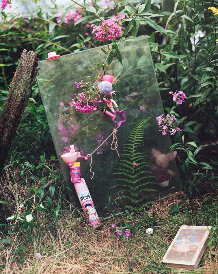Assemblage of pink-colored objects in an arrangement outdoors by Phoebe Shuman-Goodier