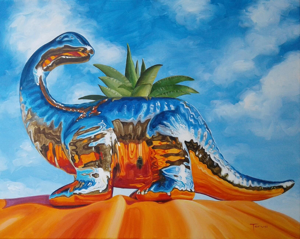 A metallic dinosaur with a plant sprouting from its back, a surreal painting by Lucretia Torva on view at Artemizia Foundation.