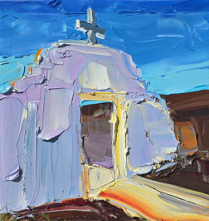 Painting by Mateo Romero of San Geronimo, a ruin of a Spanish colonial church in New Mexico.