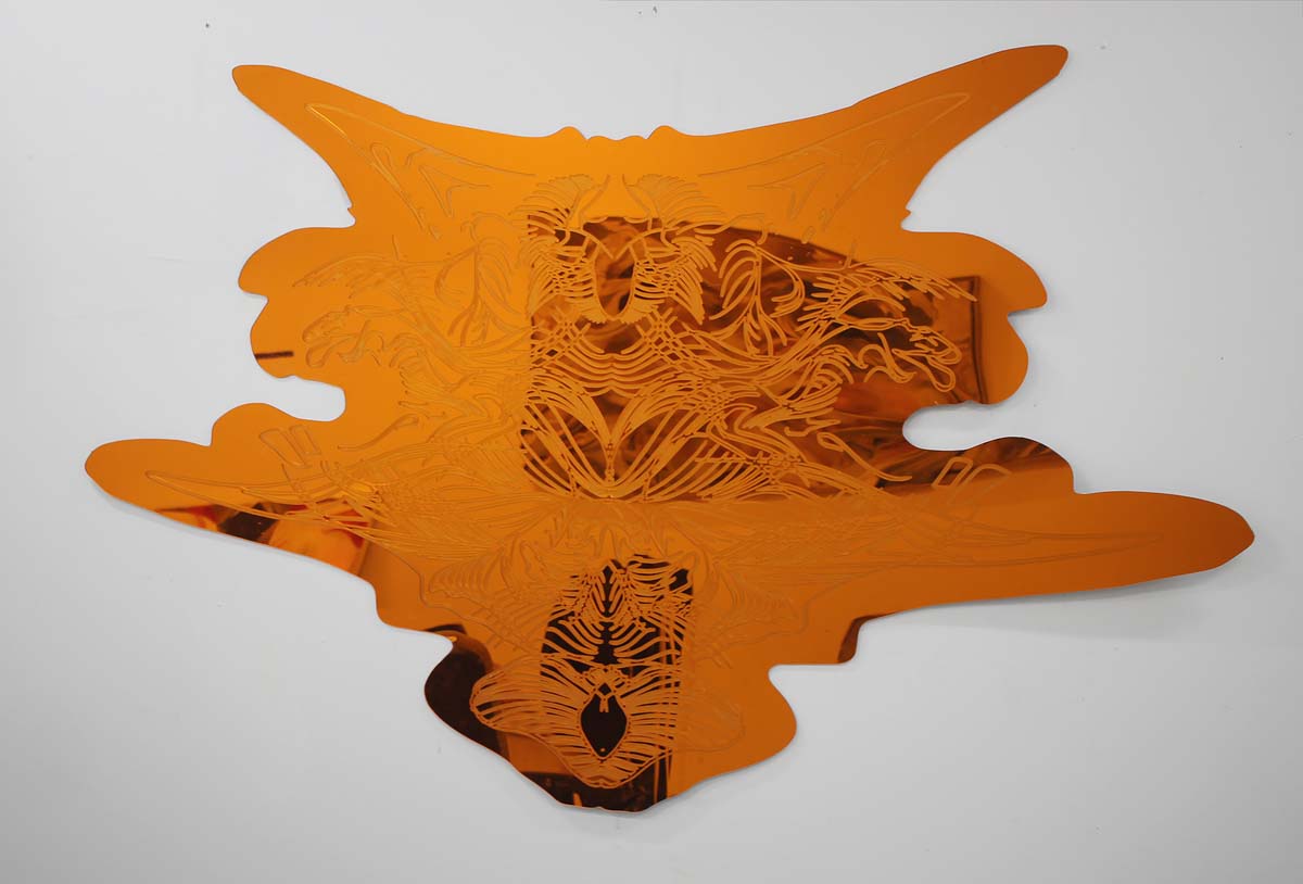 “Shifting indefinitely” was created with an early version of the EEG visualizer program, which created thin-layered lines that mimic the cells in a butterfly's wing.
