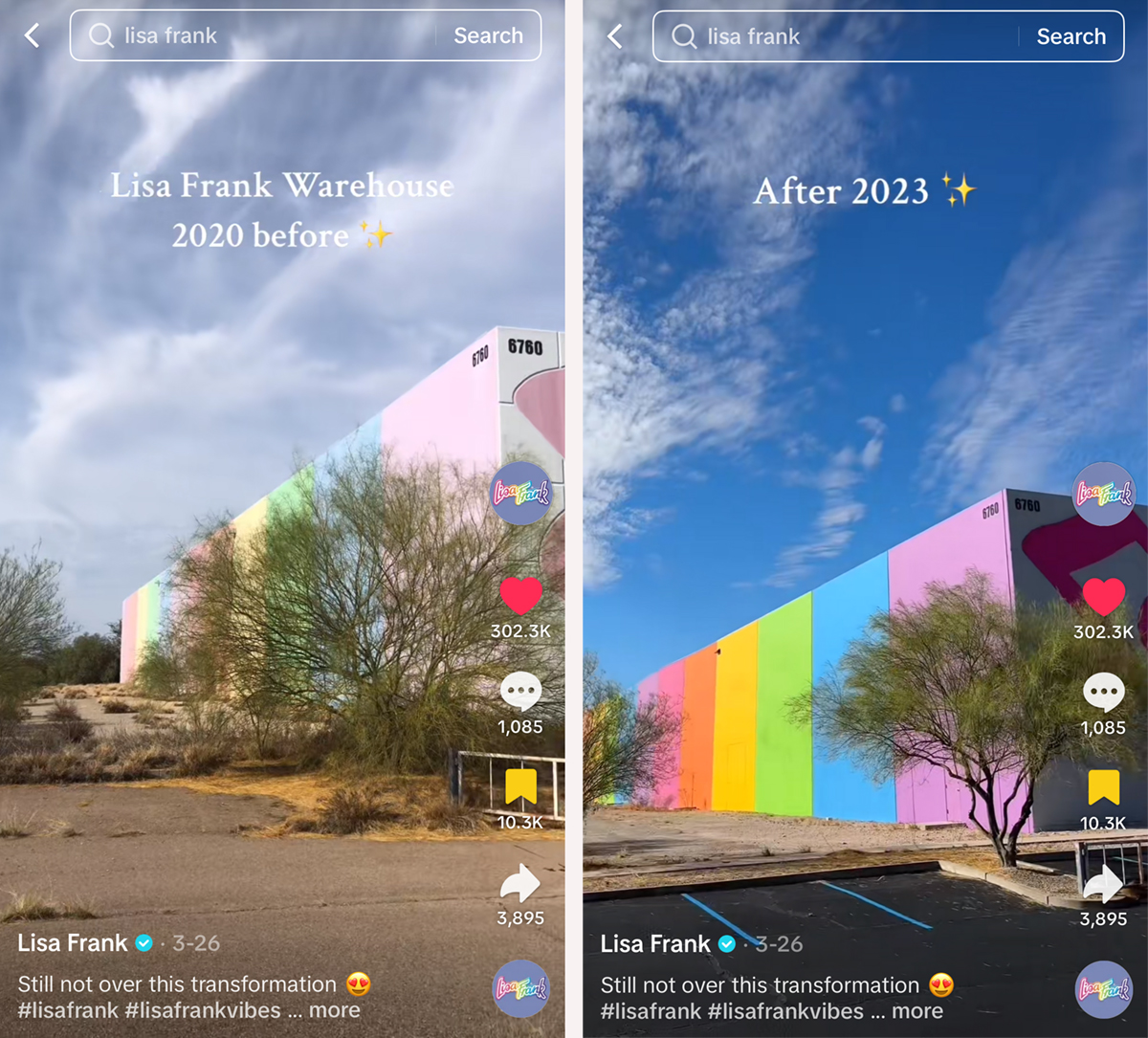 TikTok screenshots from the official @lisafrank account, showing the transformation of the warehouse, 2025.