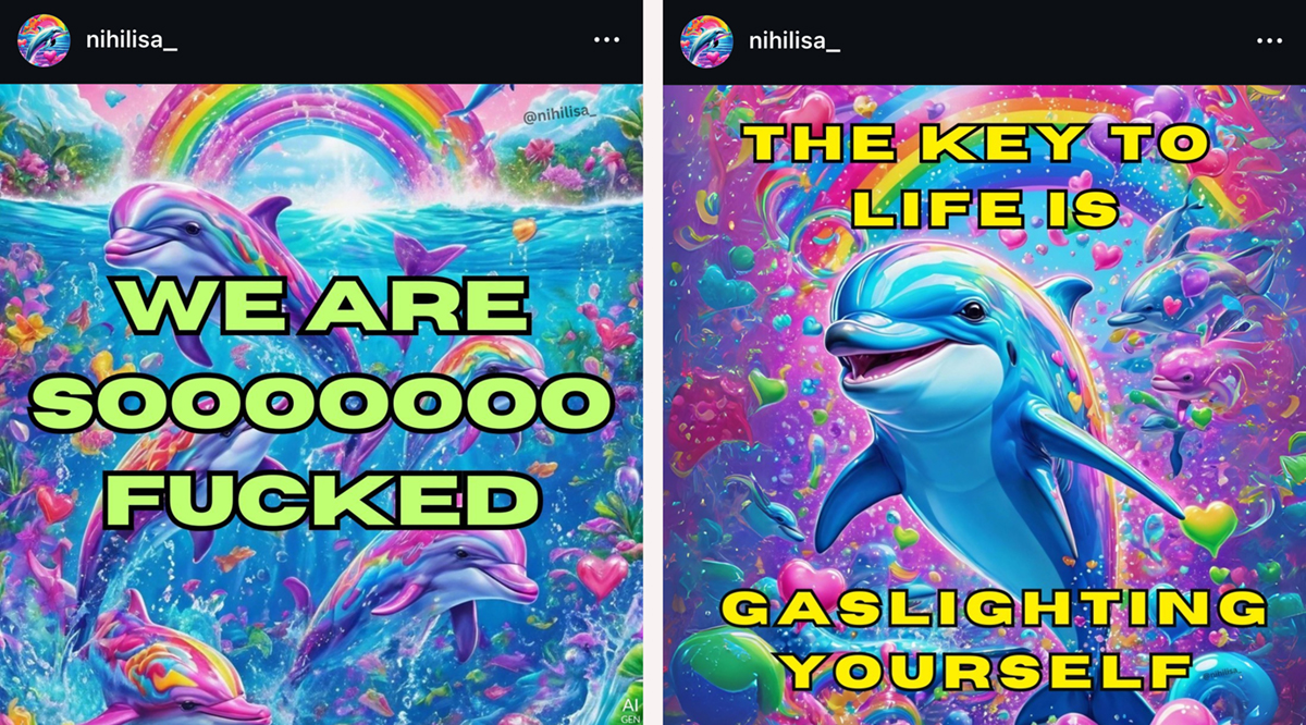 Instagram screenshots of memes posted by @nihilisa_, images of dolphins and rainbows AI-generated on Cantina, one with the caption "WE ARE SOOOOOOO FUCKED”, the other with "the key to life is gaslighting yourself."
