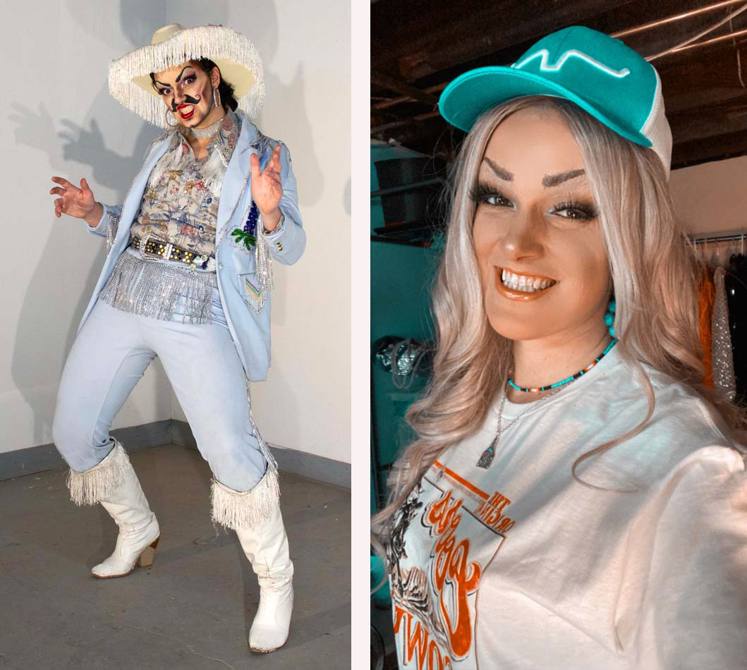 Artist Luca Berkley dressed as their drag personas Jack Lope and Jenn Deere.