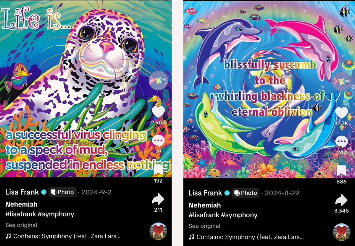 Social media manager's apparent descent into madness, in TikTok screenshots from the official @lisafrank account, 2024.