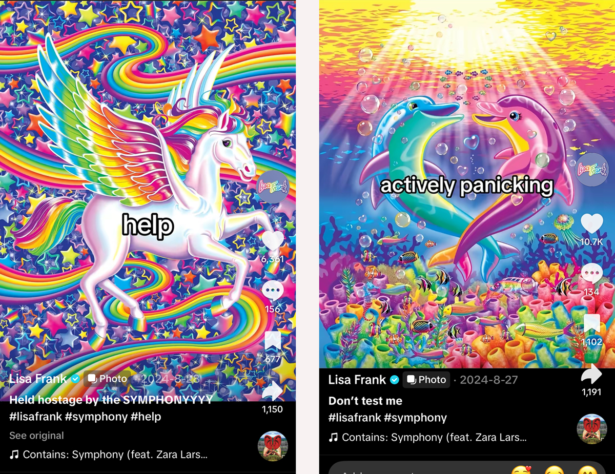 Social media breakdown, with captions "help" and "actively panicking" on TikTok screenshots from the official @lisafrank account, 2024.