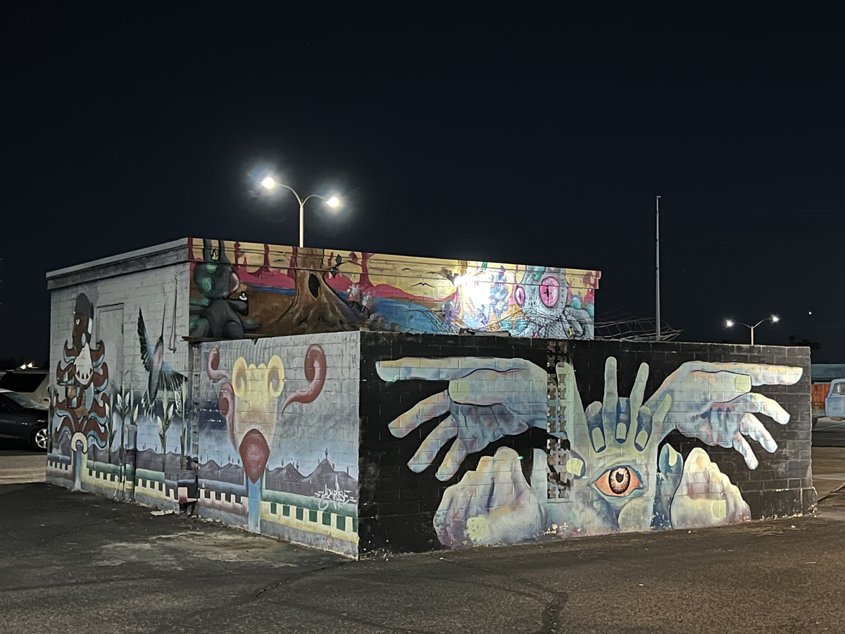 Night scene of colorful murals commissioned by the Danelle Project in Tempe, part of the complete Southwest Mural Guide.