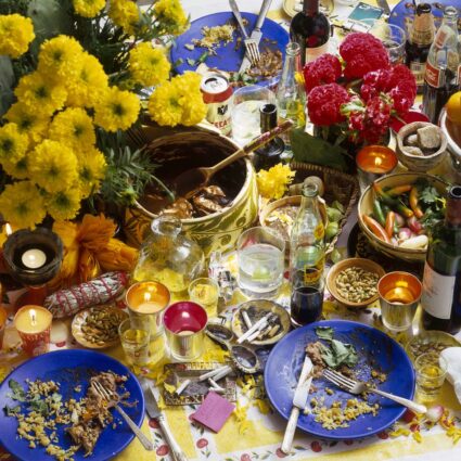 Tablescape depicting a Dia de Muertos feast.