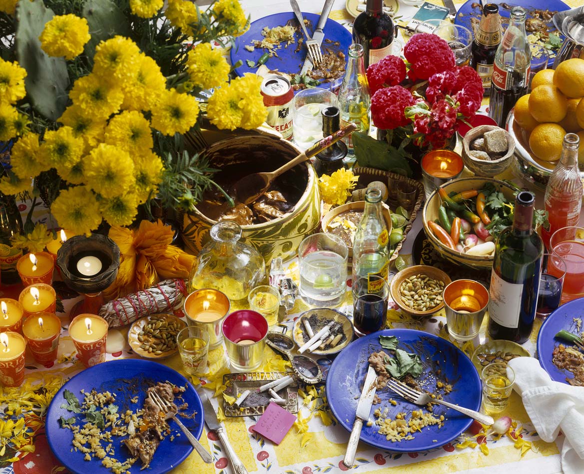 Tablescape depicting a Dia de Muertos feast.