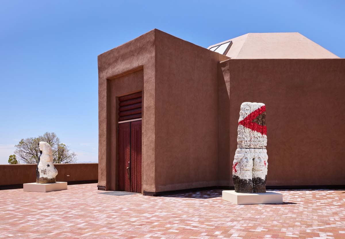 Raven Halfmoon's work in front of the Wheelwright Museum in Santa Fe.