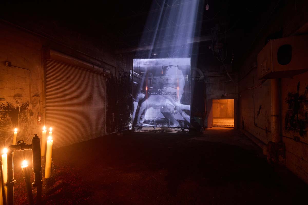 Installation view of Korakrit Arunanondchai's piece at Finquita in Tesuque, NM