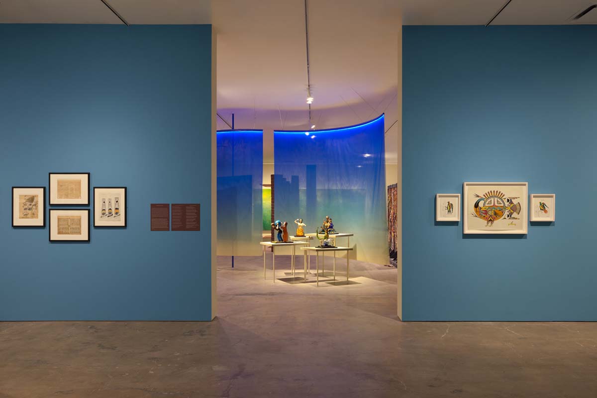 Installation view of work by Vladimir Nabokov, Luis Tapia, and Awa Tsireh (Alfonso Roybal) at SITE Santa Fe.
