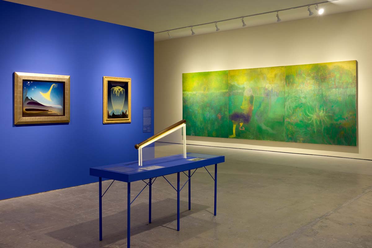 Installation view of Francis Schlatter's Healing Rod in front of Agnes Pelton and Maja Ruznic's work at SITE in Santa Fe, NM