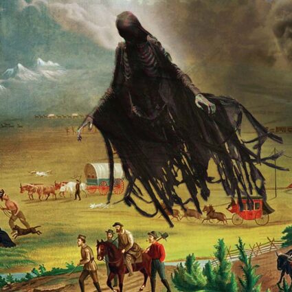 Klee Benally's reimagining of John Gast's 1872 American Progress, with a personification of death in place of progress.