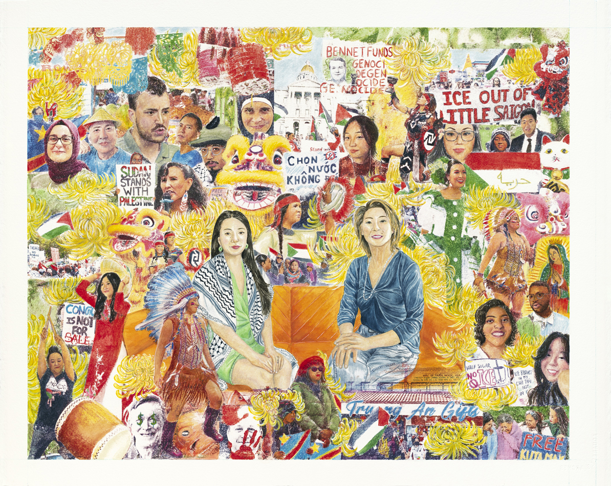 Artwork by Madalyn Drewno depicting two women from Denver's Little Saigon district amid protestors and critical images of Colorado politicians.