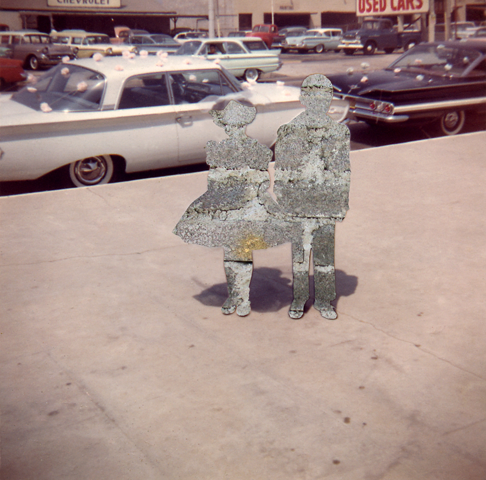 Altered historical photograph by Sandra de la Loza showing two children in silhouette.