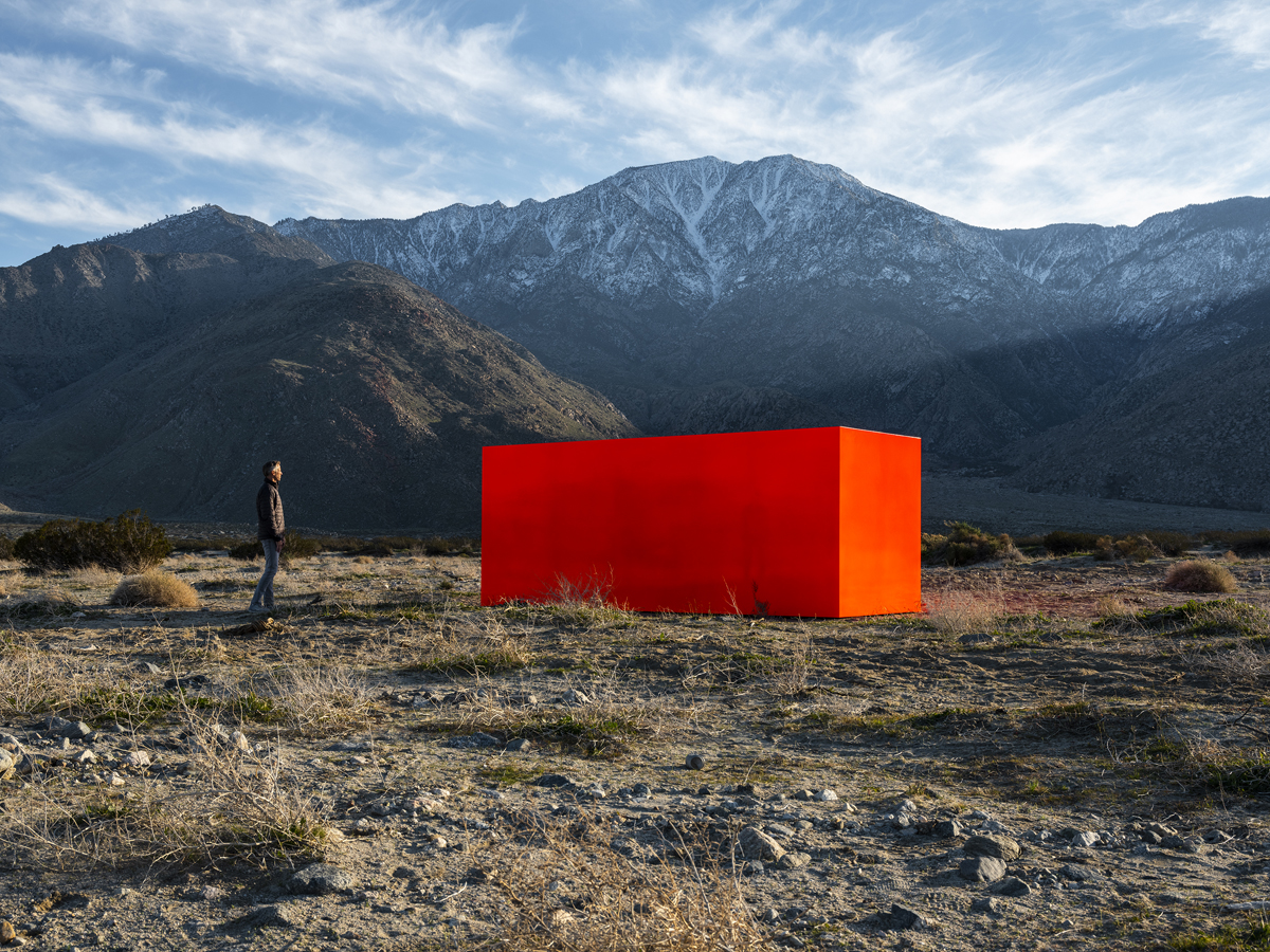 Art installation of a vermillion rectangular form by Sterling Ruby at Desert X 2019.