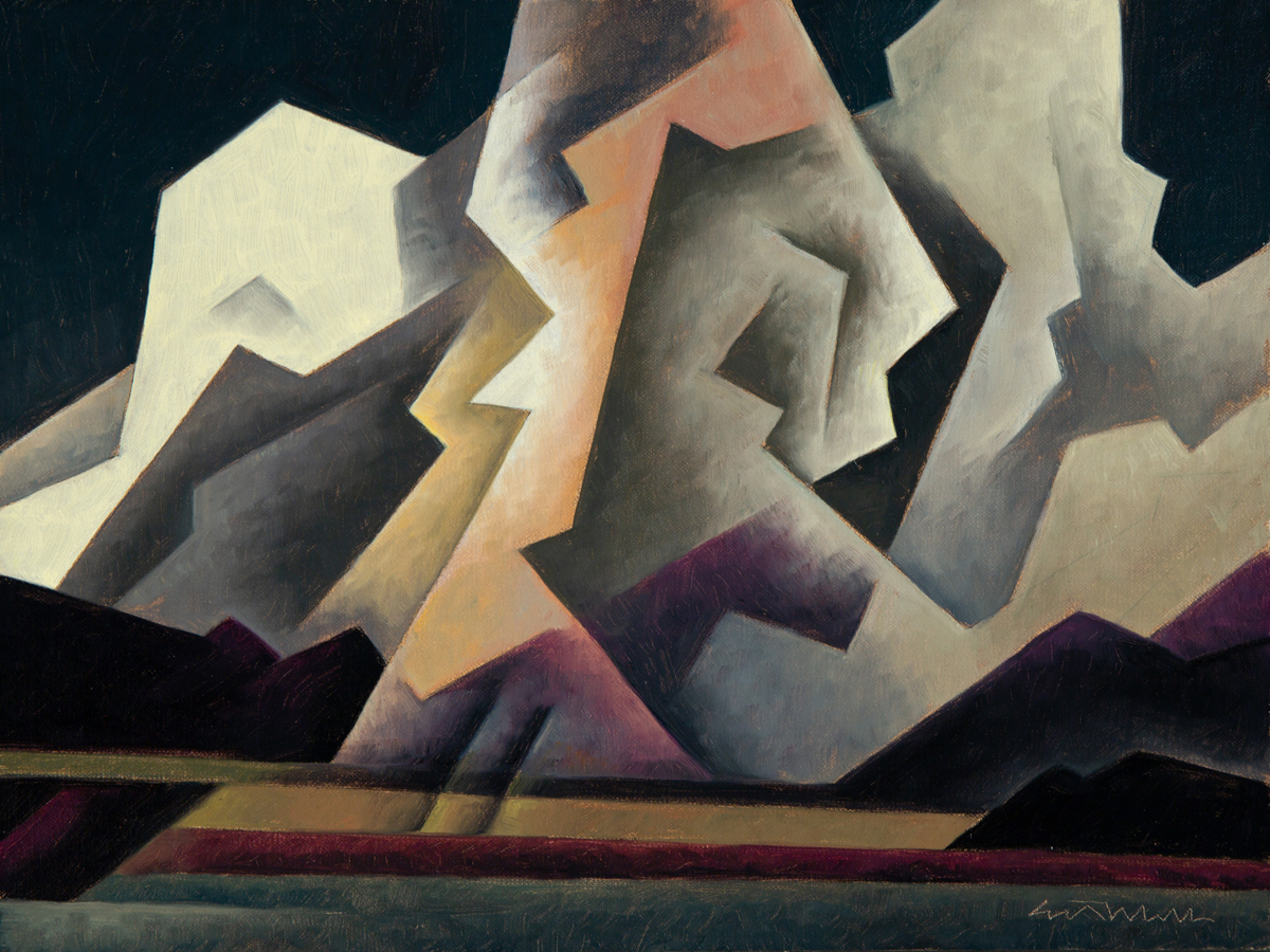 Painting showing an abstracted landscape and stormclouds.