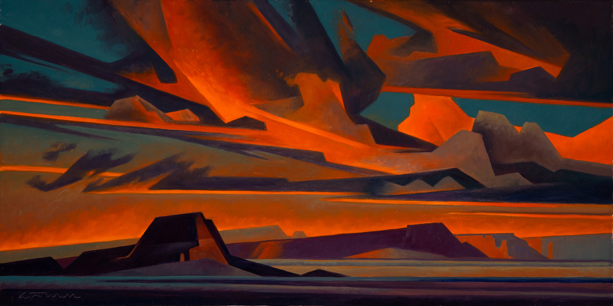 Painting showing a Southwest landscape at sunset.