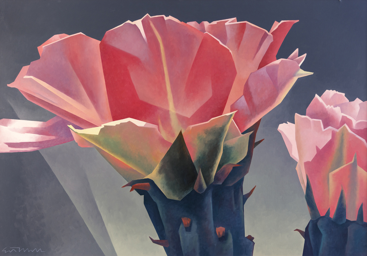 Painting showing a blooming pink cactus bud.