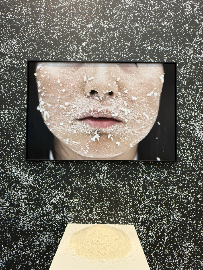 Artwork by Anh-Thuy Nguyen including a pile of rice and image of the artist's rice-covered face.