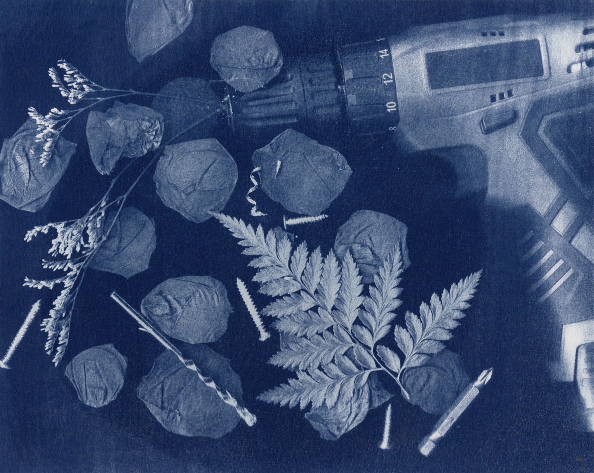 Cyanotype image of a drill among natural materials by Phoenix-based artist Summer Raine Young.