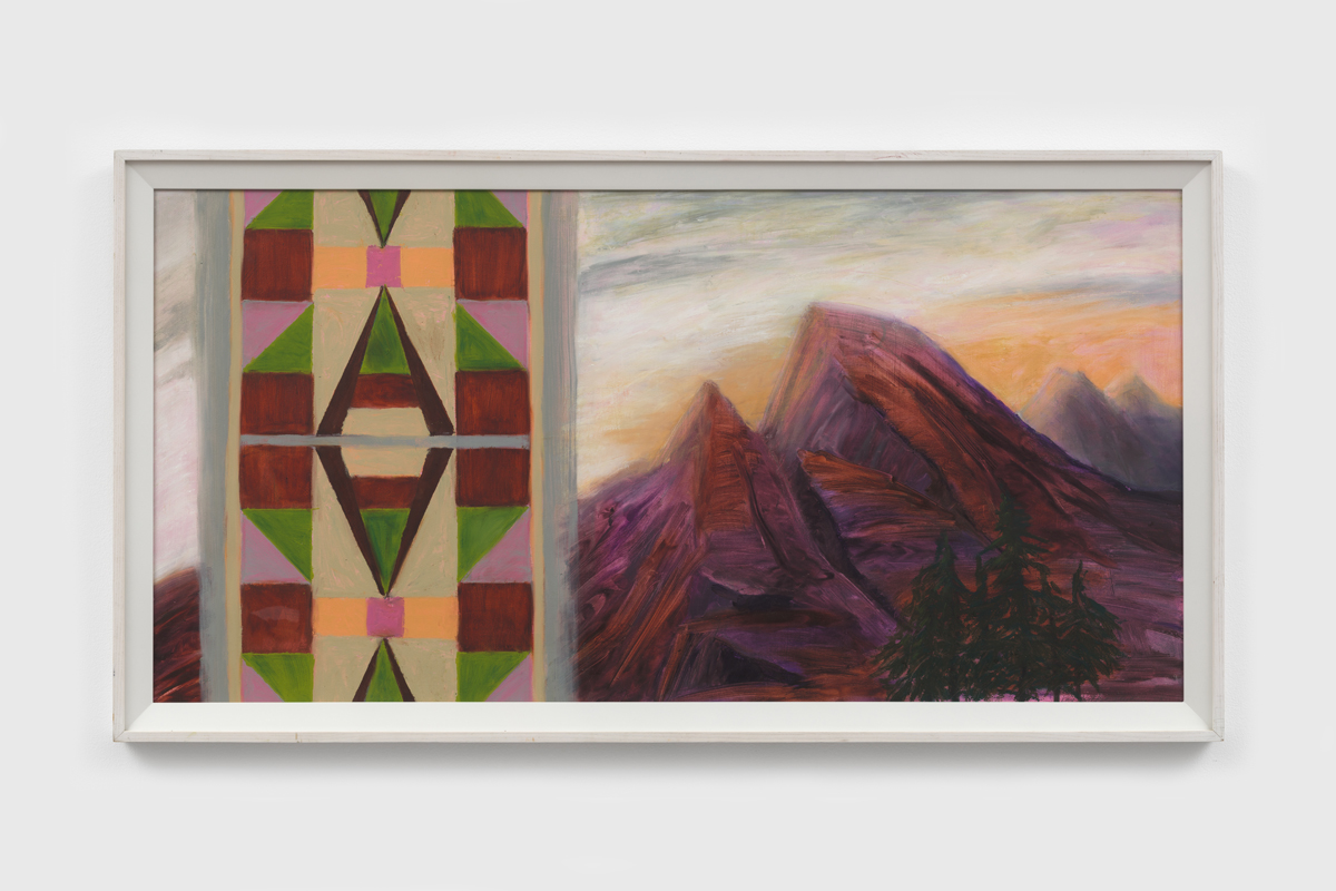 Painting by Kay WalkingStick showing mountains overlaid by an Indigenous motif.